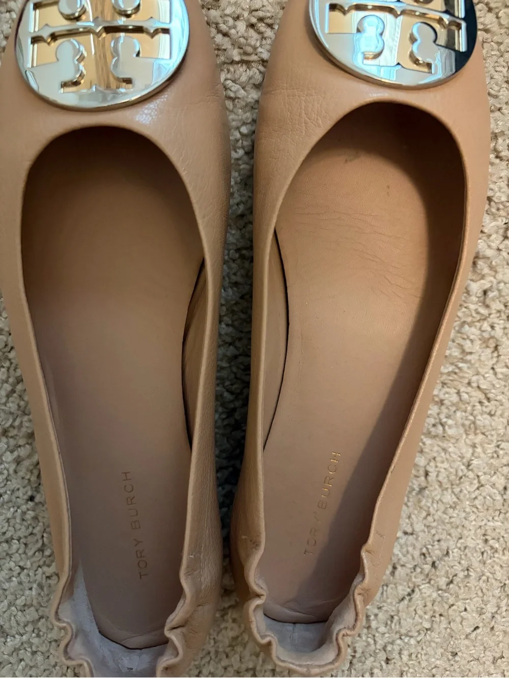 Tory Burch Beige Leather Ballet Flats with Gold Logo